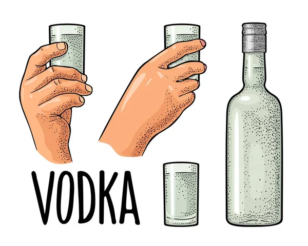 Vodka Écriture Calligraphique Mains Tenant Vodka Verre Illustration Gravure Vectorielle — Image vectorielle