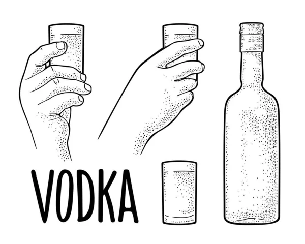 Vodka Écriture Calligraphique Mains Tenant Vodka Verre Illustration Gravure Vectorielle — Image vectorielle