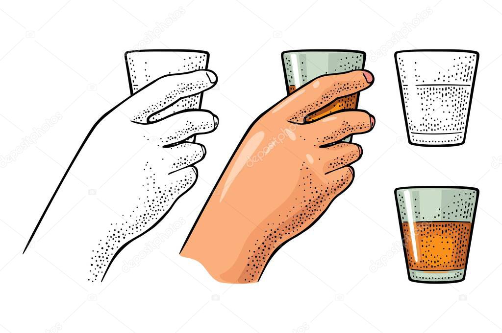 Female hand holding glass rum. Vintage color vector engraving illustration for label, poster, invitation to party. Isolated on white background