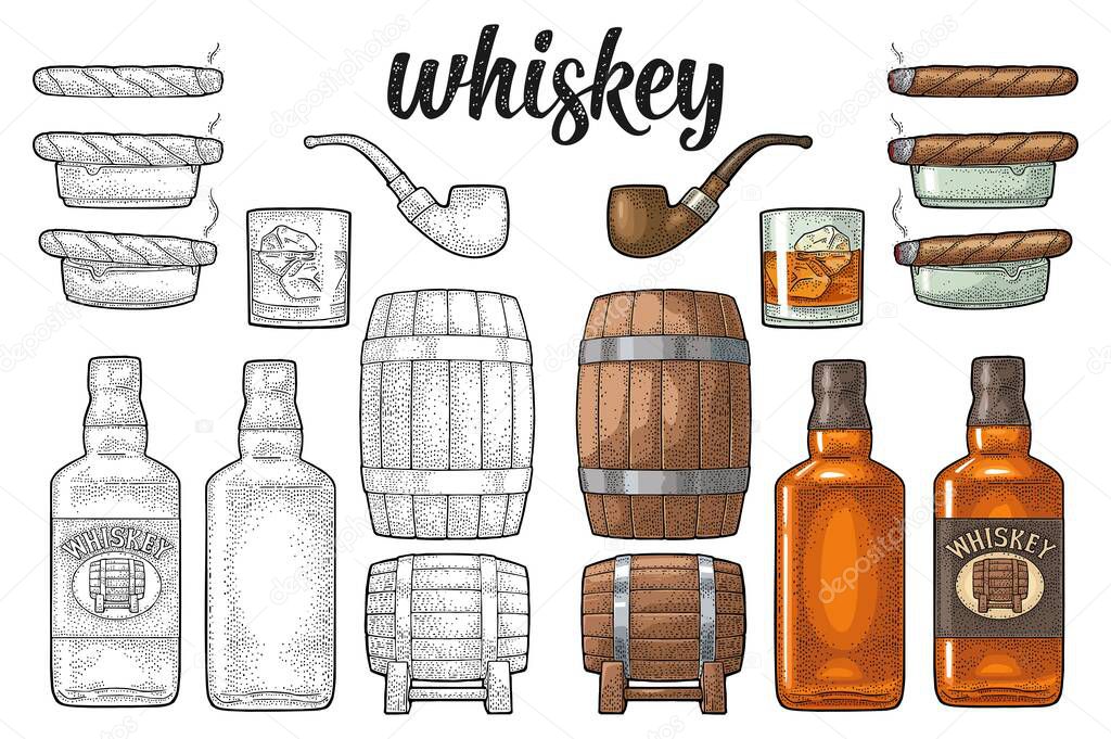 Whiskey glass with ice cubes, barrel, tube, bottle and cigar. Vector vintage color illustration for label, poster, invitation to a party. Isolated on white background. Hand drawn design element.