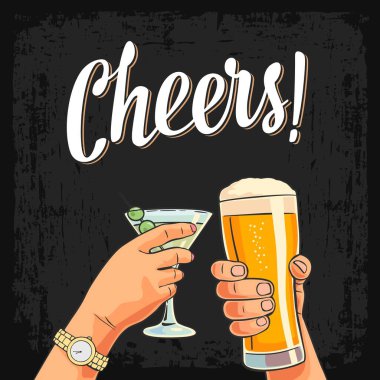 Kadın ve erkek el ele tutuşup iki bardağı bira ve kokteyl ile tokuşturuyor. Şerefe kadeh kaldırma yazısı. Parti daveti için klasik vektör rengi düz resimleme. Koyu arkaplanda izole