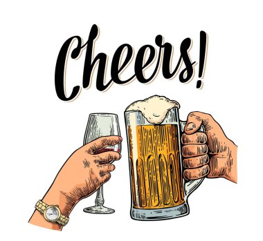 Kadın ve erkek el ele tutuşup iki bardağı bira ve şarapla tokuşturuyor. Şerefe kadeh kaldırma yazısı. Parti daveti için klasik vektör renk gravürleri. Beyaz arkaplanda izole