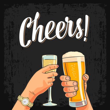 Kadın ve erkek el ele tutuşup iki bardağı bira ve şampanyayla tokuşturuyor. Şerefe kadeh kaldırma yazısı. Parti daveti için klasik vektör rengi düz resimleme. Koyu arkaplanda izole