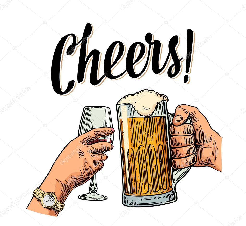 Female and male hands holding and clinking two glasses with beer and wine. Cheers toast lettering. Vintage vector color engraving illustration for invitation to party. Isolated on white background