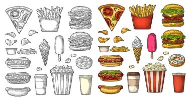 Fast food hazırla. Kola, kahve, hamburger, pizza, sosisli, kızarmış patates, karton patlamış mısır, ketçap, çörek, dondurma, dondurma, cips. Beyaz üzerine izole edilmiş vektör vintage renk oymacılığı