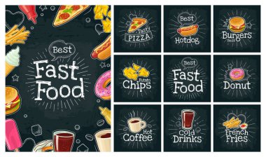 Fast food ve balon hazırla. Kola, kahve, hamburger, sosisli, kızarmış patates, ketçap, pizza, cips, çörek. Siyah karatahtanın üzerinde vektör rengi düz simgesi. Vintage beyaz tebeşir, vintage ışınlar, harfler, baloncuk