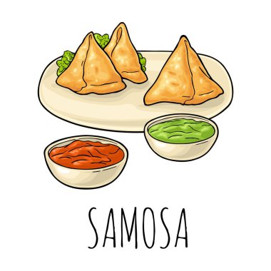 Samosa tabakta soslar kasede. Geleneksel Hint yemekleri. Vector renk vintage oyma illüstrasyonu. Beyaz arka planda izole edilmiş. Menü, poster ve ağ için el çizimi tasarım ögesi