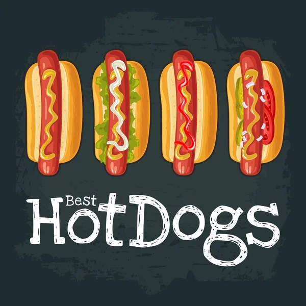 Különböző Típusú Hotdog Paradicsommal Ketchuppal Majonézzel Hagyjon Salátát Uborkát Mustárt — Stock Vector