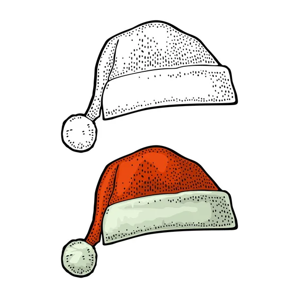 サンタクロースの帽子 正面図 白に隔離されたベクトルヴィンテージカラー彫刻イラスト ポスター新年とメリークリスマスのために — ストックベクタ