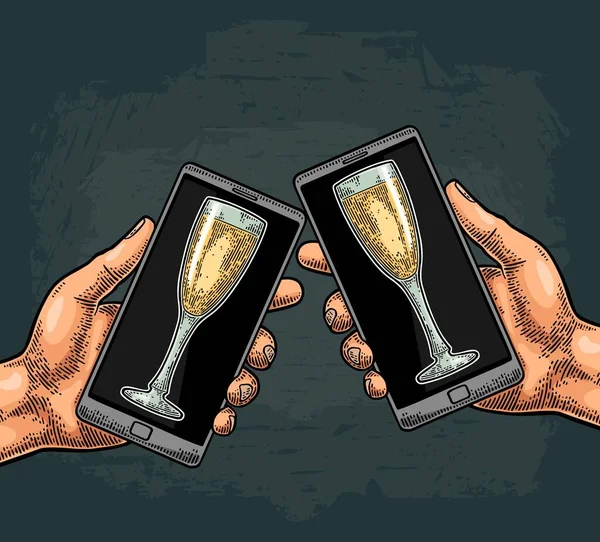 Manliga Händer Håller Och Klamrar Modern Mobiltelefon Med Glasögon Champagne — Stock vektor
