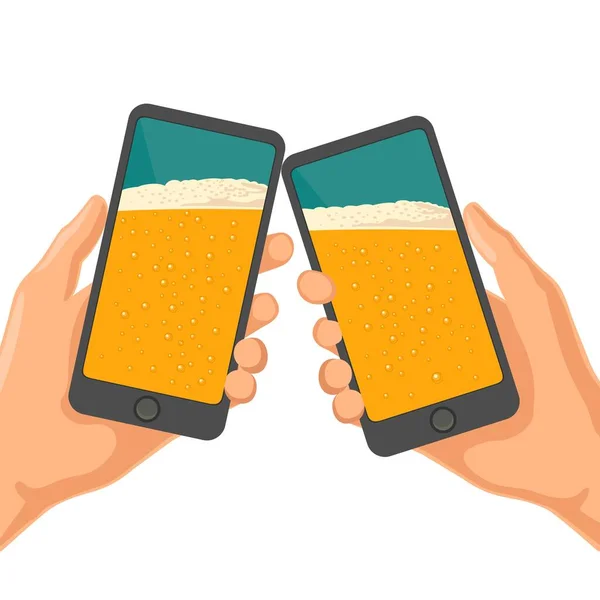 Male Hands Holding Clinking Mobile Phone Beer Color Vector Flat — Stock Vector