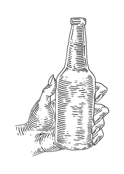 Woman Hand Holding Clinking Beer Bottle Vintage Vector Engraving Black — Stock Vector