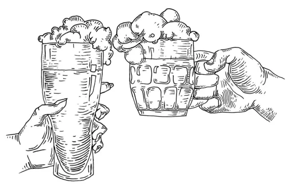 两只手拿着啤酒杯 碰碰啤酒杯 用于网络 派对邀请函的古董矢量黑色雕刻插图 被白色背景隔离 侧视图 — 图库矢量图片