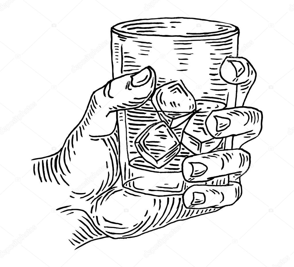 Man hand clinks a glass with whiskey. Vintage black vector engraving illustration isolated on white background