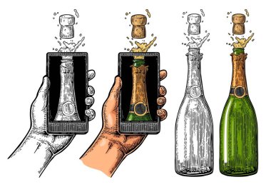 Male hand hold smartphone with bottle of champagne explosion cork. Vintage color vector engraving illustration. Isolated on white background. clipart