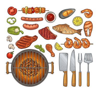 Izgara seti çatal, bıçak, spatula, kebap, sosis, tavuk budu, biftek, balık, istiridye, karides, fesleğen, limon. Beyaz arkaplanda klasik monokrom ve renk vektörü oyması izole edildi