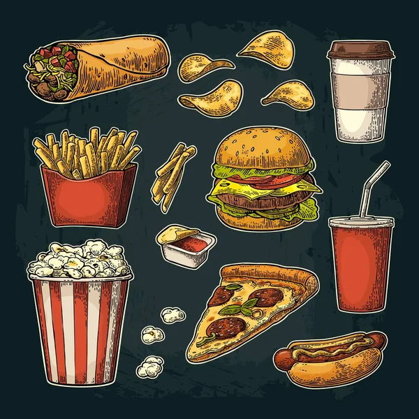 Fast food hazırla. Kola, kahve, pirzola, burrito, hamburger, pizza, sosisli sandviç, patates kızartması, karton kutu patlamış mısır, ketçap. Karanlık arka planda izole edilmiş. Vektör vintage gravür çizimi