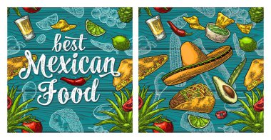 En iyi Meksika yemeği el yazısı. Sombrero, tekila, gitar, burrito, taco, nachos, chili, agave, limon vektör renk kalıbı ahşap dokusuna oyma
