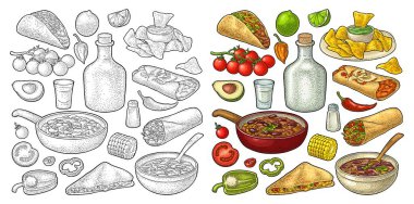 Meksika geleneksel yemekleri, Guacamole, Quesadilla, Enchilada, Burrito, Taco, Nachos, malzemeli chili con carne. Beyaz arkaplanda izole edilmiş vektör vintage renk örnekleme.