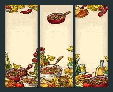 Geleneksel Meksika yemekleri ve malzemeleri olan dikey posterler. Guacamole, Quesadilla, Enchilada, Burrito, Tacos, Nachos, Chili con carne. Bej arkaplan üzerine vektör vintage oymalı resimleme
