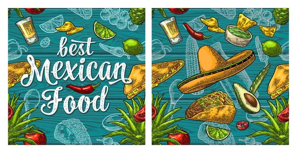 Melhor Comida Mexicana Letra Caligrafia Sombrero Tequila Guitarra Burrito Tacos —  Vetores de Stock