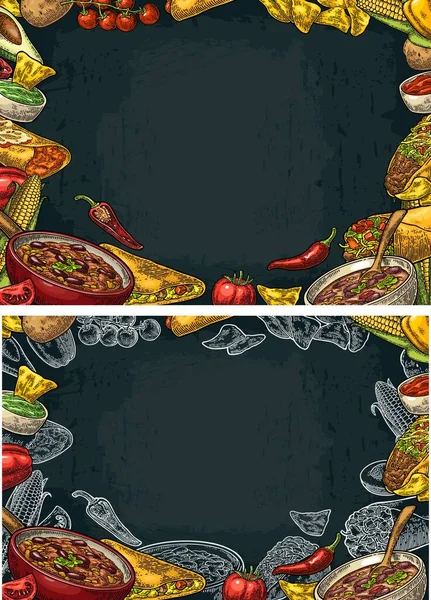 墨西哥传统餐馆菜单模板 有瓜卡莫尔 奎萨迪拉 恩奇拉达 伯里托 塔科斯 纳科斯 奇利康卡纳和配料 基于黑暗背景的矢量老式雕刻图解 — 图库矢量图片