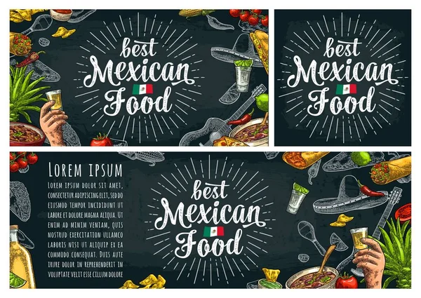 Tulisan Tangan Makanan Meksiko Terbaik Sombrero Tequila Gitar Burrito Taco - Stok Vektor