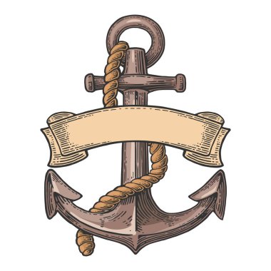 Beyaz arkaplanda izole edilmiş kurdele ve halatla çapa.