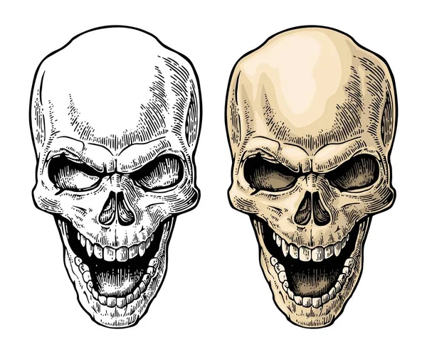 Skull human with a smile. Engraving vintage vector color illustration. — Stock Vector