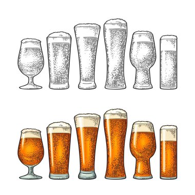 Farklı tipte bira bardakları. Klasik renk ve siyah vektör kabartma çizimi. Beyaz arkaplanda izole.