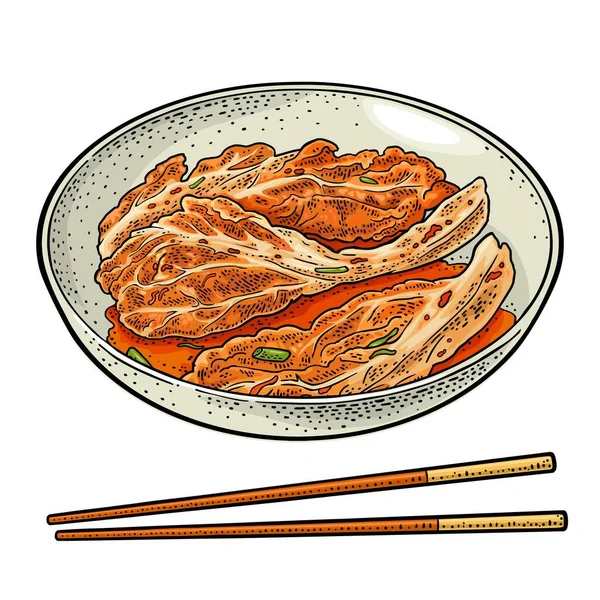Kimchi comida coreana en plato con palillos. Vintage vector de color grabado — Vector de stock