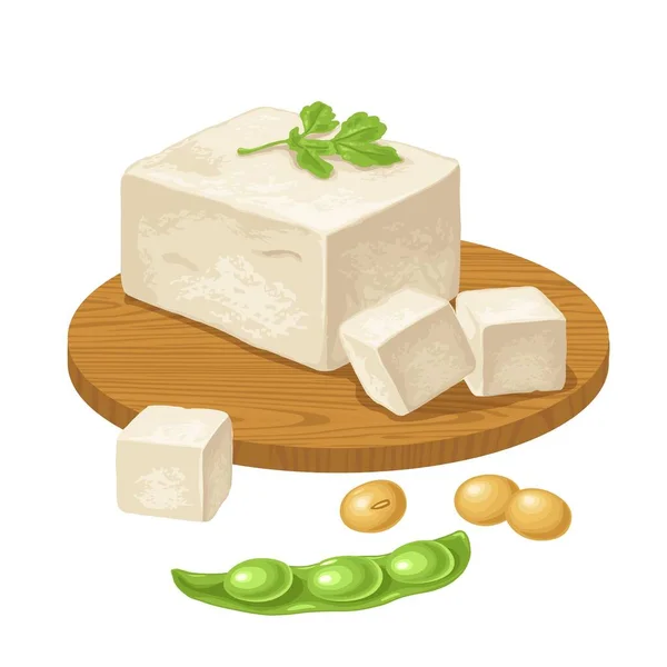 Tofu op houten plank en open sojabonen pod. Vector kleurenillustratie — Stockvector