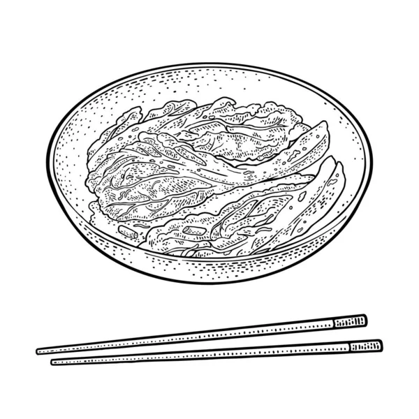 Comida coreana kimchi no prato com pauzinhos. Vintage gravura vetor preto —  Vetores de Stock