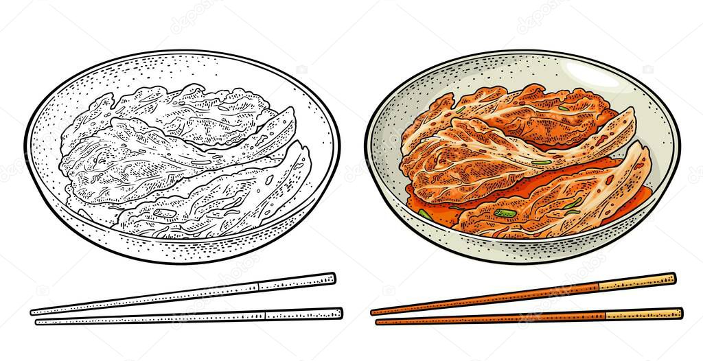 Korean food kimchi on plate with chopsticks. Vintage color vector engraving