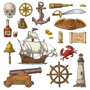 Korsan macerası kur. Vektör renk vintage oymacılığı