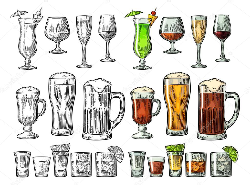 Set glass beer, whiskey, wine, gin, rum, tequila, cognac, champagne, cocktail. Vector engraved color vintage illustration isolated on white background