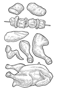 Kızarmış tavuğun bir parçası - bütün, bacak, kanat ve göğüs yarıları. Vintage renk oyması