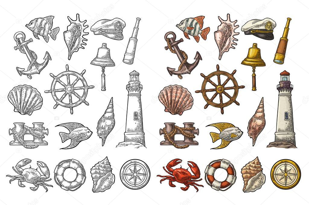 Anchor, wheel, bollard, hat, compass rose, shell, crab, lighthouse engraving