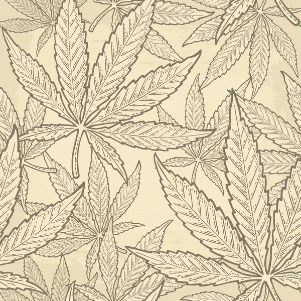 Nahtloses Muster mit Marihuana-Blatt. Vintage schwarzer Vektorgravur Illustration — Stockvektor