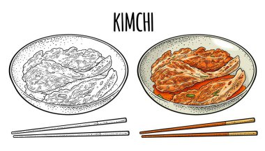 Tabakta yemek çubuklarıyla Kore yemeği kimchi 'si. Vintage renk vektörü oymacılığı