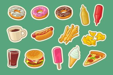 Fast food hazırla. Donut, dondurma, pizza, hamburger, pizza, sosisli.