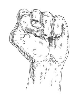 Yumruğunu sıkmış bir insan eli. Beyaz arkaplanda izole edilmiş klasik monokrom yumurtadan çıkma illüstrasyonu. Tişört, poster ve afiş için el çizimi tasarım ögesi