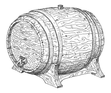 Tahta fıçı. Antika yumurtadan çıkan tek renkli siyah illüstrasyon. Beyaz arka planda izole edilmiş. El çizimi tasarım