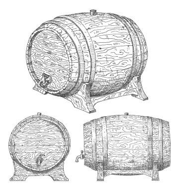 Tahta fıçı. Siyah monokrom siyah illüstrasyon üreten vintage vektör. Beyaz arka planda izole edilmiş. El çizimi tasarım