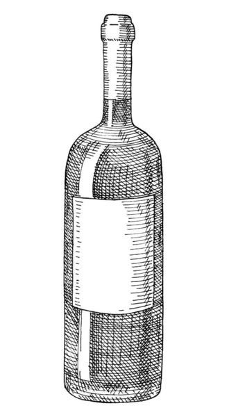 Botella de cristal de vino con etiqueta transparente. Vintage eclosión ilustración monocromática. — Archivo Imágenes Vectoriales