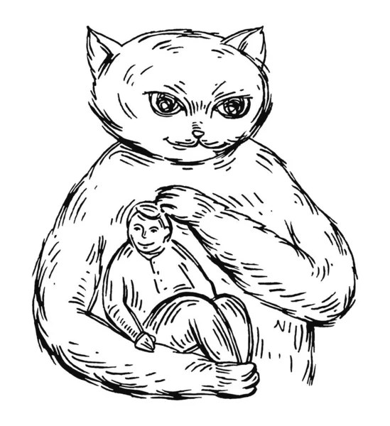 Kot Trzyma Mężczyznę Vintage Wektor Monochromatyczne Wylęgu Ilustracji Izolowane Białym — Wektor stockowy