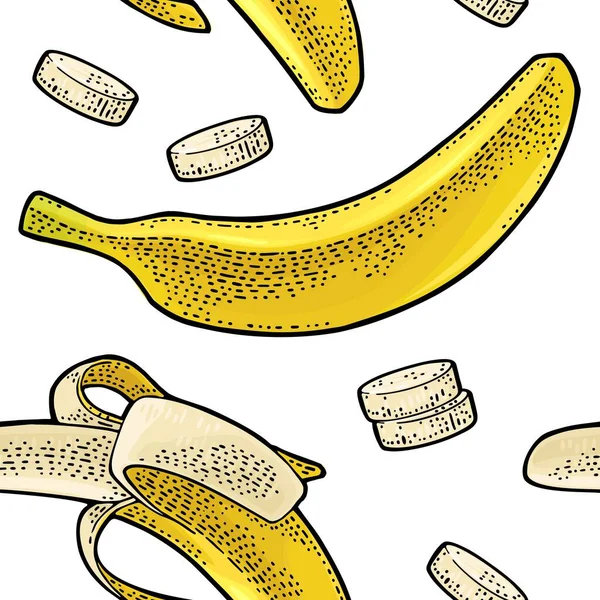 Sömlöst Mönster Färskt Hela Halvskalade Och Skivade Bananer Isolerad Den — Stock vektor