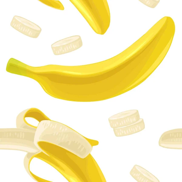 Bezešvé Vzor Čerstvý Celý Napůl Oloupaný Plátek Banánu Izolované Bílém — Stockový vektor