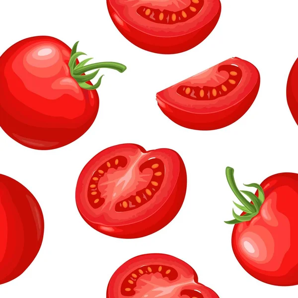 无缝图案新鲜完整 半切西红柿 被白色的背景隔离了用于菜单和标签的矢量彩色平面插图 — 图库矢量图片