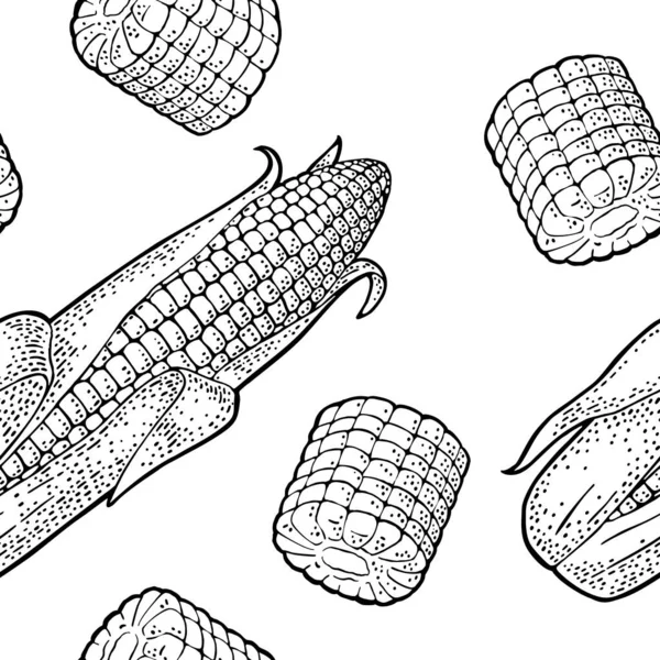 Seamless pattern ripe corn cob with and without leaves. Vector vintage engraving — Wektor stockowy